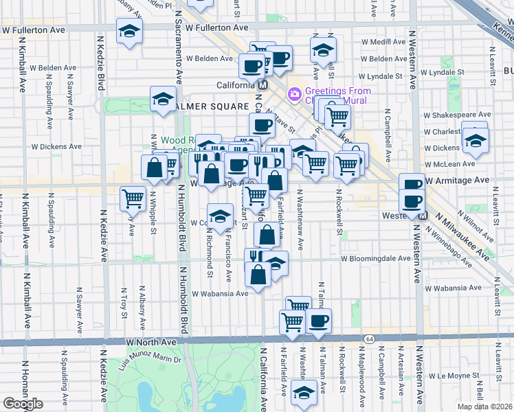 map of restaurants, bars, coffee shops, grocery stores, and more near in Chicago
