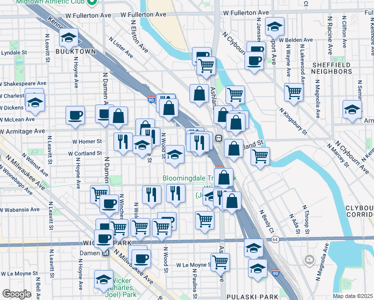 map of restaurants, bars, coffee shops, grocery stores, and more near 1858 North Paulina Street in Chicago