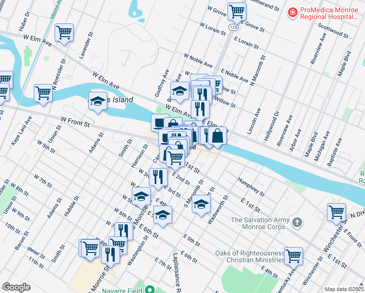 map of restaurants, bars, coffee shops, grocery stores, and more near in Monroe