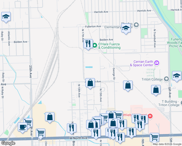 map of restaurants, bars, coffee shops, grocery stores, and more near 2100 North 15th Avenue in Melrose Park