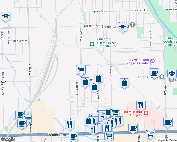 map of restaurants, bars, coffee shops, grocery stores, and more near 2100 North 15th Avenue in Melrose Park