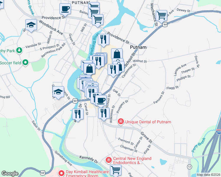 map of restaurants, bars, coffee shops, grocery stores, and more near 24 School Street in Putnam