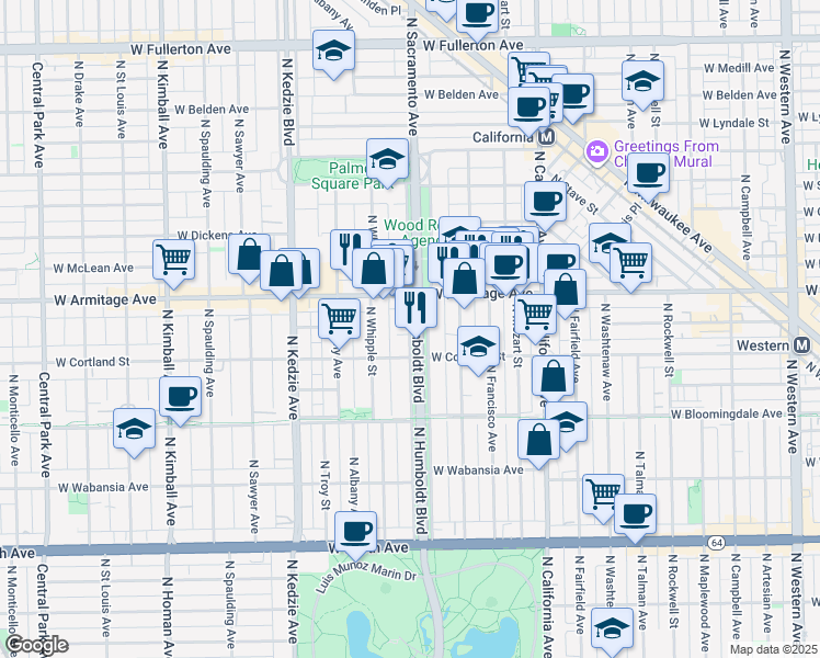 map of restaurants, bars, coffee shops, grocery stores, and more near 1911 North Humboldt Boulevard in Chicago
