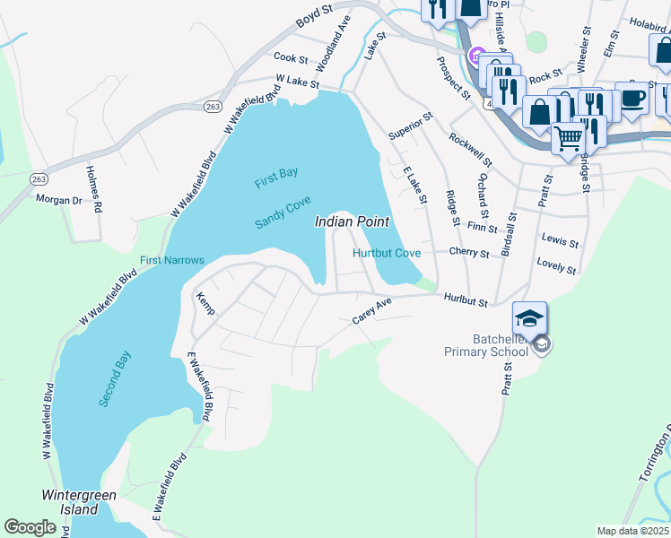 map of restaurants, bars, coffee shops, grocery stores, and more near 170 Shore Drive in Winchester