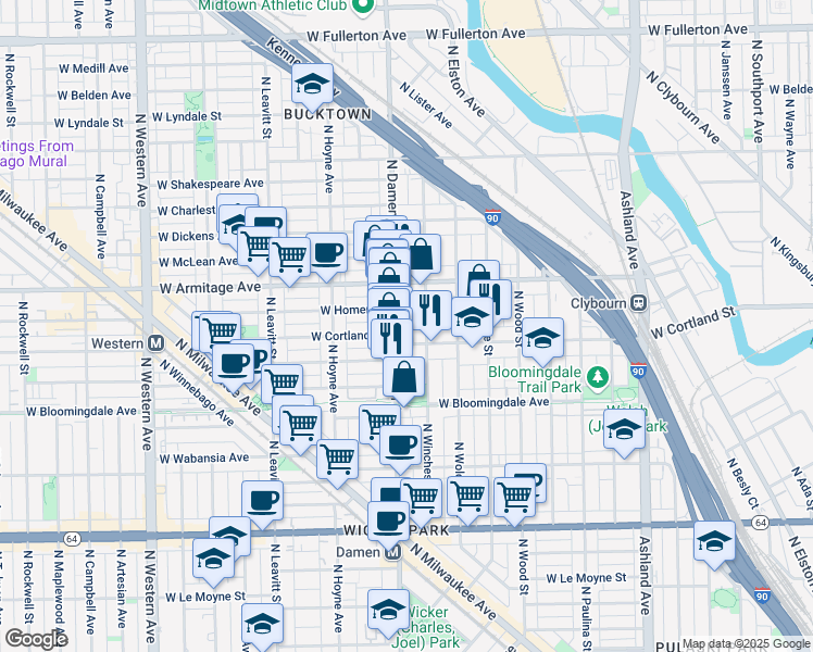 map of restaurants, bars, coffee shops, grocery stores, and more near 1936 West Cortland Street in Chicago