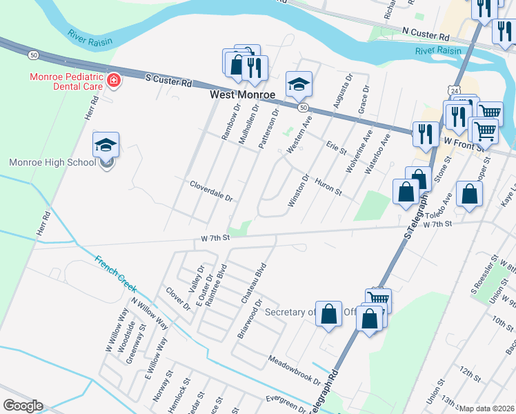 map of restaurants, bars, coffee shops, grocery stores, and more near 10 Winston Court in Monroe