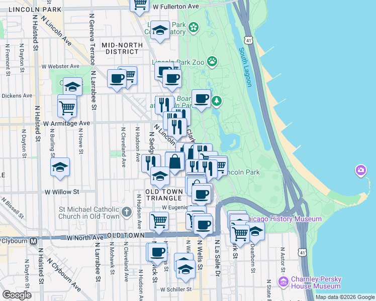 map of restaurants, bars, coffee shops, grocery stores, and more near 1848 North Lincoln Avenue in Chicago