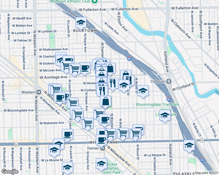 map of restaurants, bars, coffee shops, grocery stores, and more near 1936 West Cortland Street in Chicago