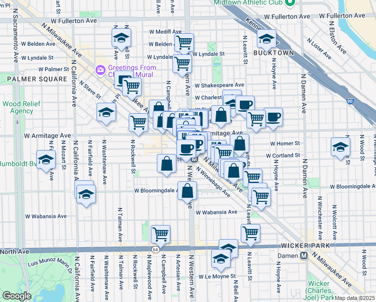 map of restaurants, bars, coffee shops, grocery stores, and more near 1900 North Western Avenue in Chicago