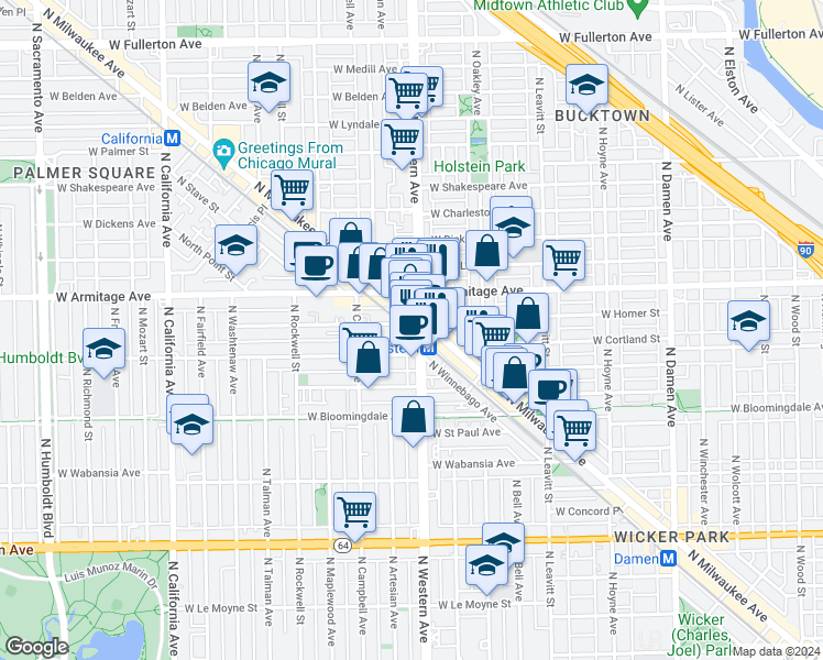map of restaurants, bars, coffee shops, grocery stores, and more near 1900 North Western Avenue in Chicago