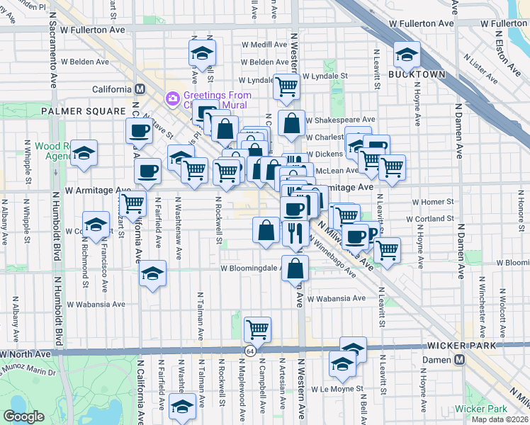 map of restaurants, bars, coffee shops, grocery stores, and more near 1906 North Campbell Avenue in Chicago