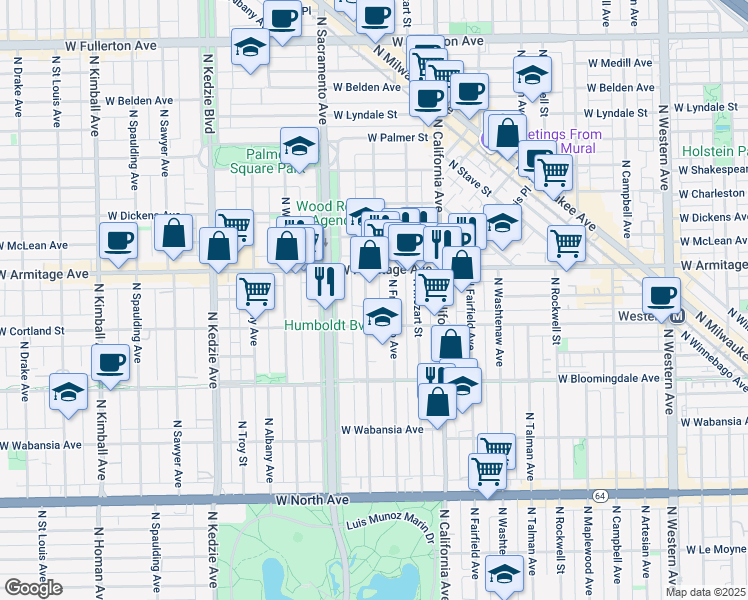map of restaurants, bars, coffee shops, grocery stores, and more near 1912 North Richmond Street in Chicago