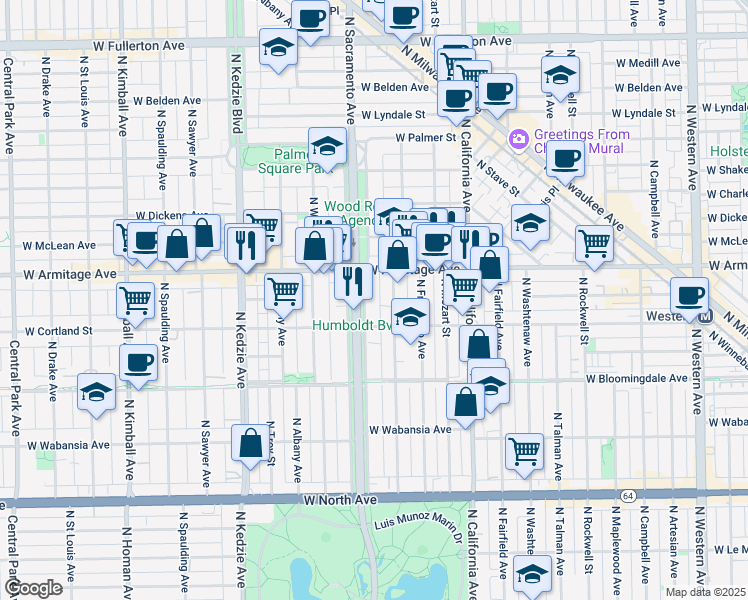 map of restaurants, bars, coffee shops, grocery stores, and more near 1911 North Humboldt Boulevard in Chicago