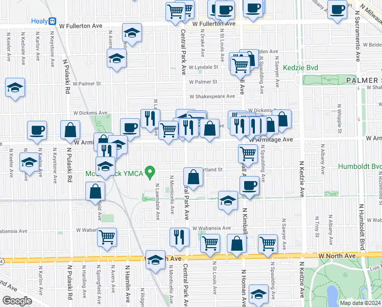 map of restaurants, bars, coffee shops, grocery stores, and more near 1916 North Central Park Avenue in Chicago