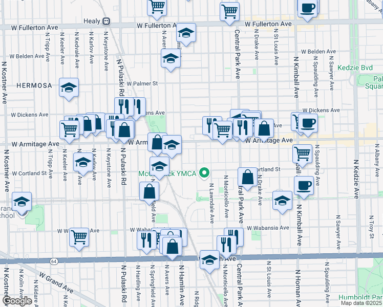 map of restaurants, bars, coffee shops, grocery stores, and more near 1919 North Hamlin Avenue in Chicago