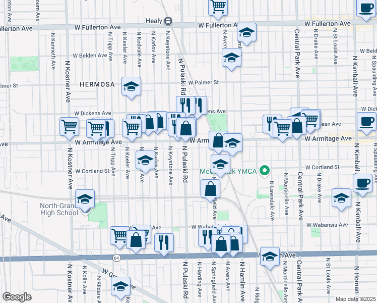 map of restaurants, bars, coffee shops, grocery stores, and more near 1921 North Pulaski Road in Chicago