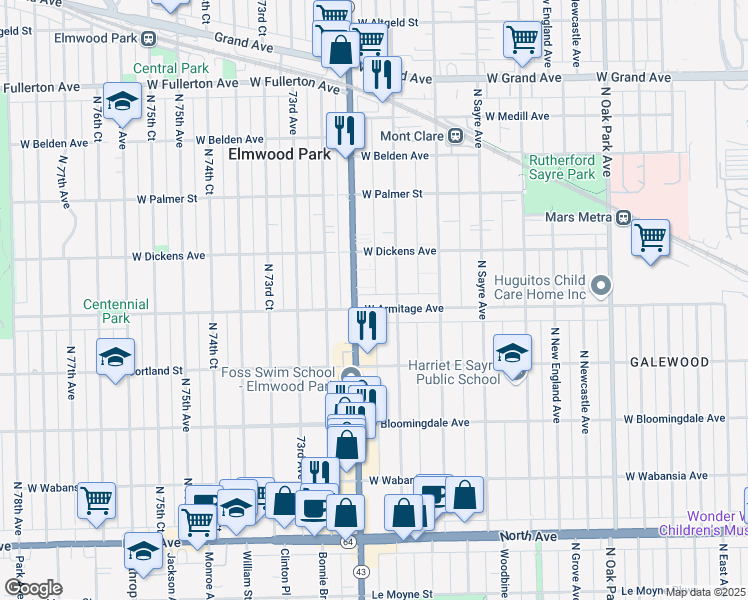 map of restaurants, bars, coffee shops, grocery stores, and more near 7183 West Armitage Avenue in Chicago