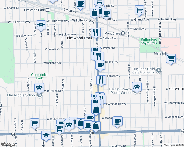 map of restaurants, bars, coffee shops, grocery stores, and more near 2019 North 72nd Court in Elmwood Park