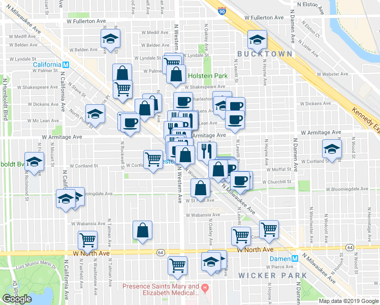 map of restaurants, bars, coffee shops, grocery stores, and more near 1919 North Milwaukee Avenue in Chicago