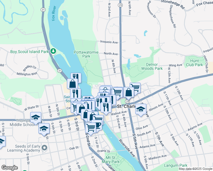 map of restaurants, bars, coffee shops, grocery stores, and more near 312 North 2nd Avenue in St. Charles