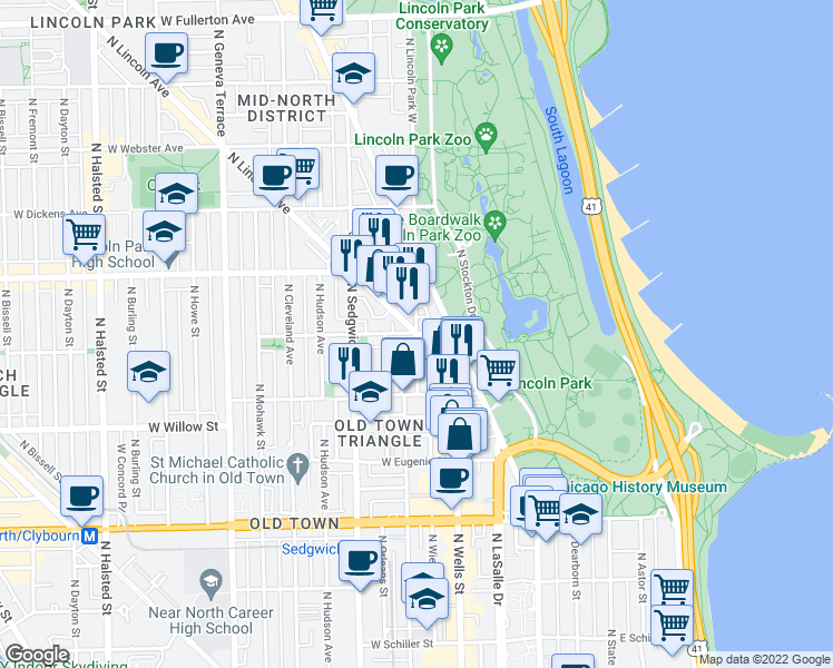 map of restaurants, bars, coffee shops, grocery stores, and more near N Lincoln Ave & W Wisconsin St in Chicago