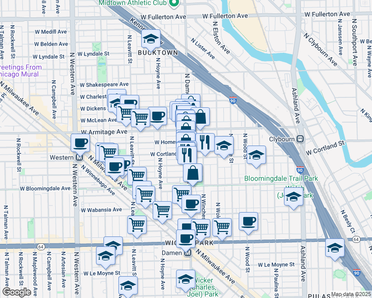 map of restaurants, bars, coffee shops, grocery stores, and more near 1920 North Damen Avenue in Chicago