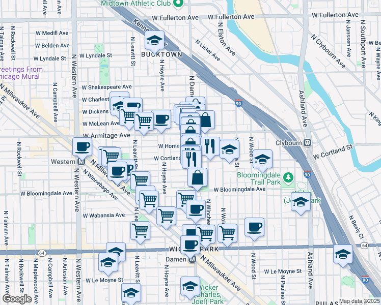 map of restaurants, bars, coffee shops, grocery stores, and more near 1920 North Damen Avenue in Chicago