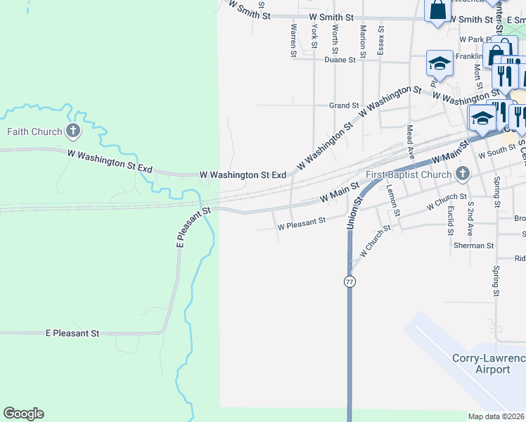 map of restaurants, bars, coffee shops, grocery stores, and more near 13699 E Pleasant St in Corry