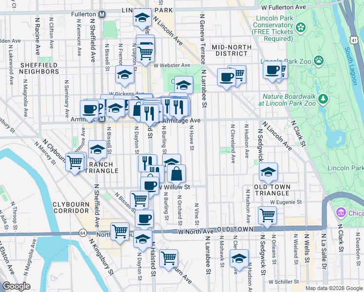 map of restaurants, bars, coffee shops, grocery stores, and more near 1872 North Howe Street in Chicago