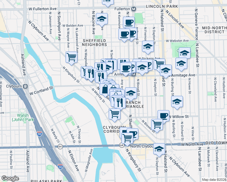 map of restaurants, bars, coffee shops, grocery stores, and more near 1904 North Maud Avenue in Chicago