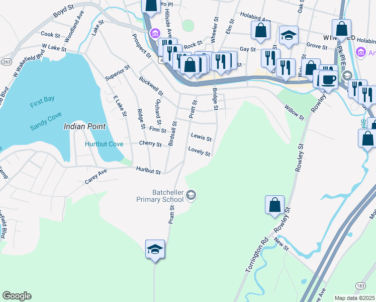 map of restaurants, bars, coffee shops, grocery stores, and more near 105 Pratt Street in Winsted