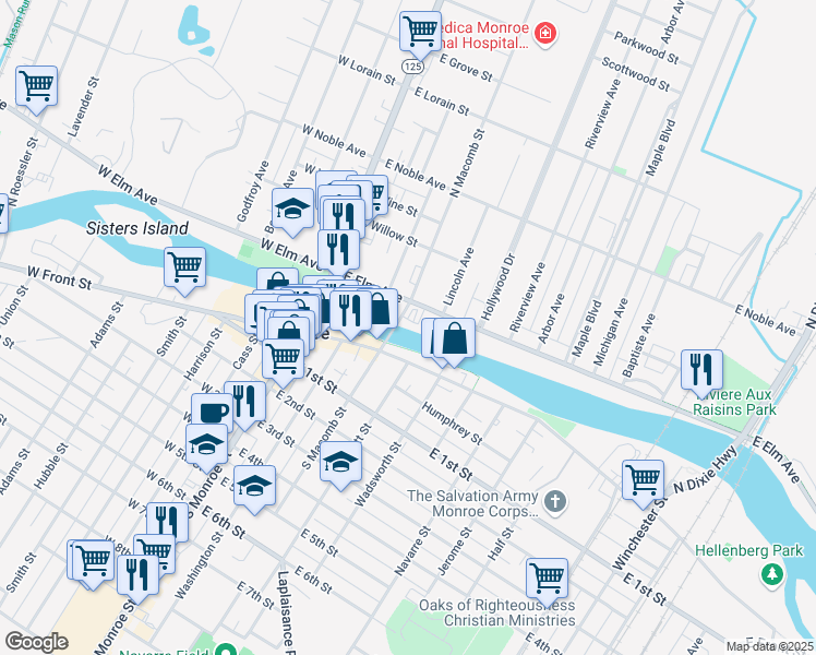 map of restaurants, bars, coffee shops, grocery stores, and more near 227 East Front Street in Monroe