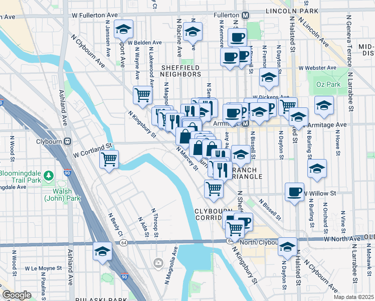 map of restaurants, bars, coffee shops, grocery stores, and more near 1940 North Clybourn Avenue in Chicago