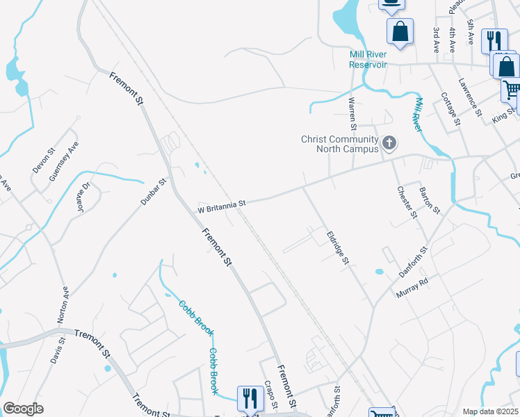 map of restaurants, bars, coffee shops, grocery stores, and more near 492 West Britannia Street in Taunton