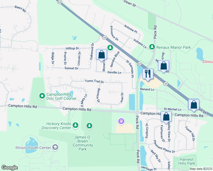 map of restaurants, bars, coffee shops, grocery stores, and more near 38W266 Joan Court in St. Charles