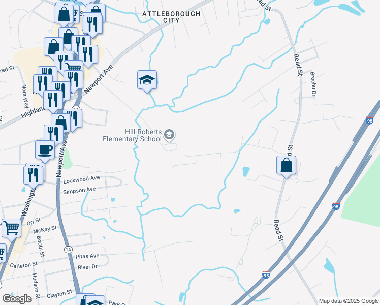map of restaurants, bars, coffee shops, grocery stores, and more near 5 Jody Way in Attleboro
