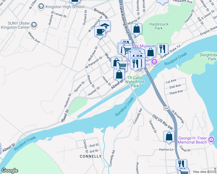 map of restaurants, bars, coffee shops, grocery stores, and more near 117-165 Abeel Street in Kingston