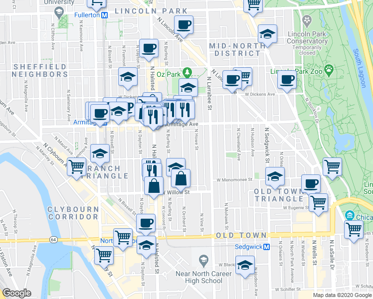 map of restaurants, bars, coffee shops, grocery stores, and more near 1872 North Howe Street in Chicago