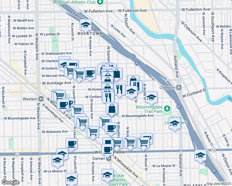 map of restaurants, bars, coffee shops, grocery stores, and more near 1936 West Cortland Street in Chicago