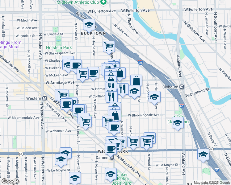 map of restaurants, bars, coffee shops, grocery stores, and more near 1936 West Cortland Street in Chicago