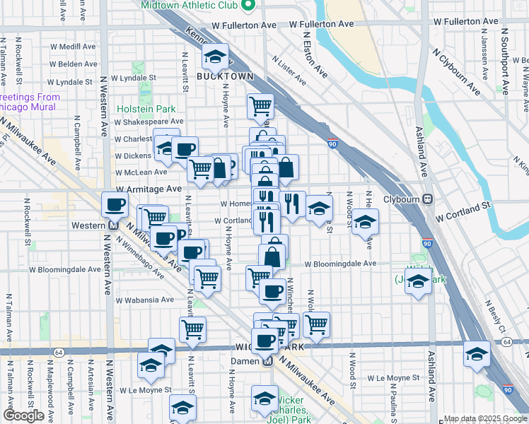 map of restaurants, bars, coffee shops, grocery stores, and more near 1876 North Damen Avenue in Chicago