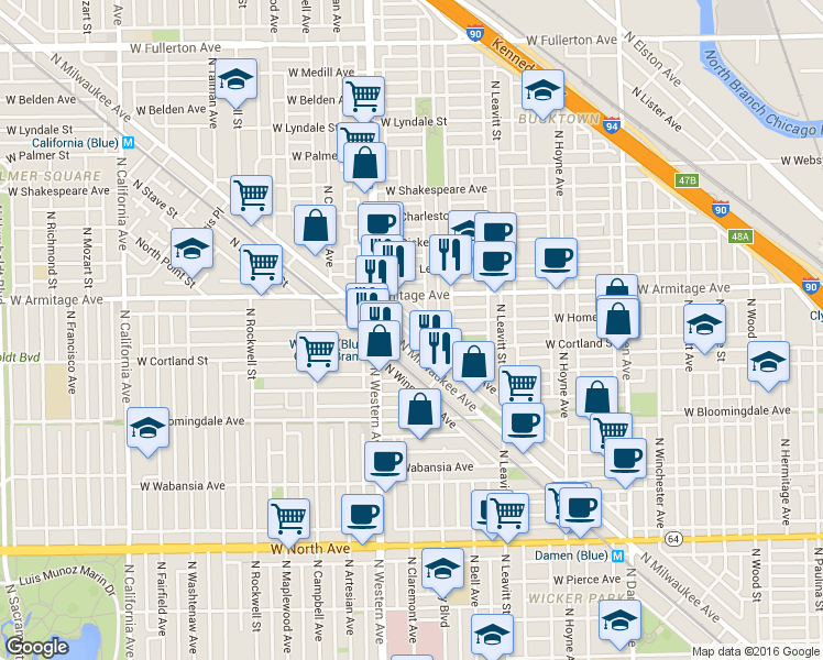 map of restaurants, bars, coffee shops, grocery stores, and more near 1887 North Milwaukee Avenue in Chicago