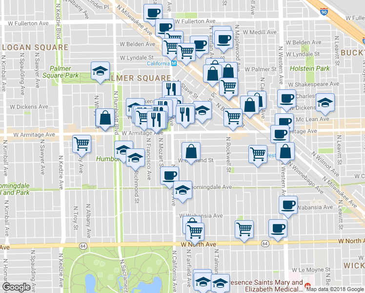 map of restaurants, bars, coffee shops, grocery stores, and more near 1908 North Fairfield Avenue in Chicago