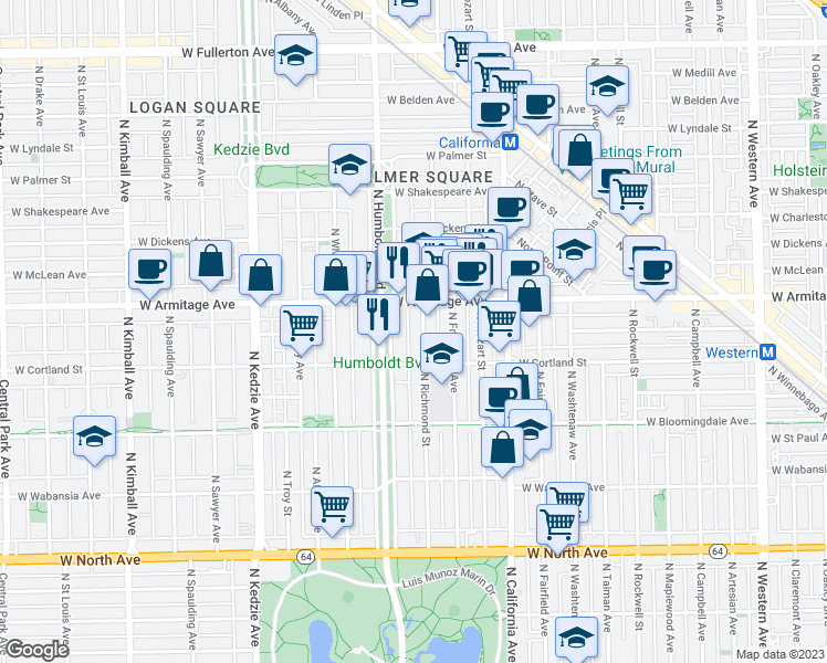 map of restaurants, bars, coffee shops, grocery stores, and more near 1912 North Richmond Street in Chicago