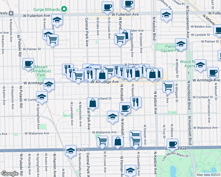map of restaurants, bars, coffee shops, grocery stores, and more near 1916 North Saint Louis Avenue in Chicago