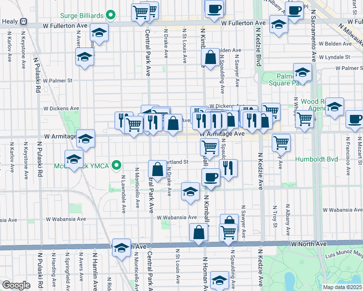 map of restaurants, bars, coffee shops, grocery stores, and more near 1916 North Saint Louis Avenue in Chicago