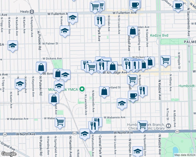 map of restaurants, bars, coffee shops, grocery stores, and more near 1916 North Central Park Avenue in Chicago