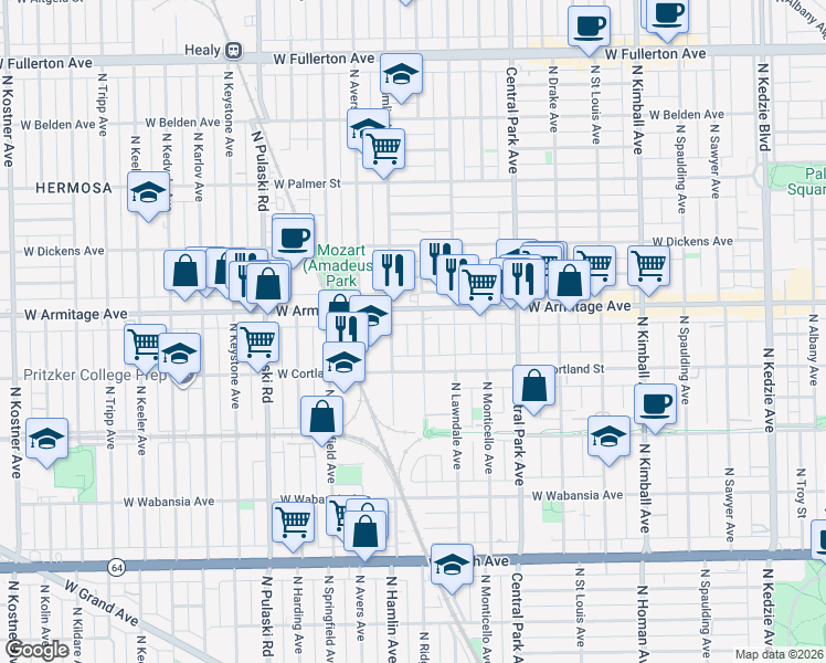 map of restaurants, bars, coffee shops, grocery stores, and more near 1919 North Hamlin Avenue in Chicago
