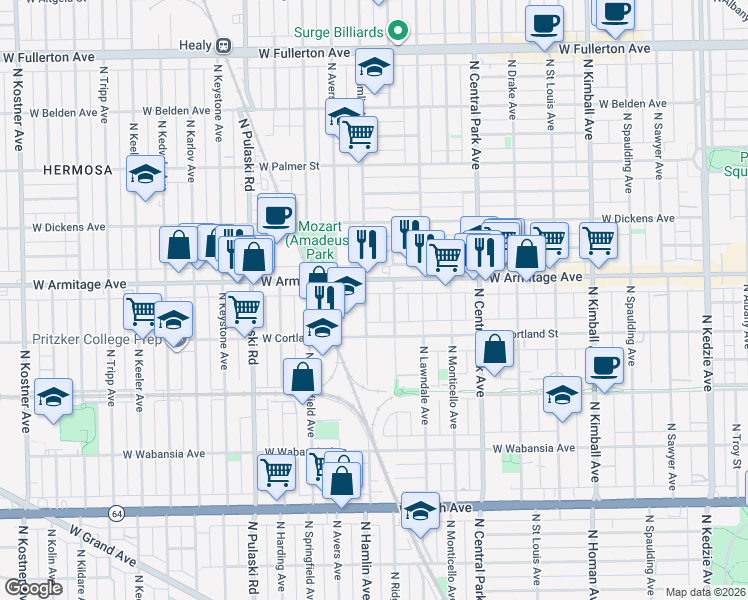 map of restaurants, bars, coffee shops, grocery stores, and more near 1919 North Hamlin Avenue in Chicago