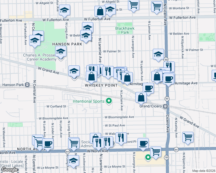 map of restaurants, bars, coffee shops, grocery stores, and more near 5142 West Homer Street in Chicago